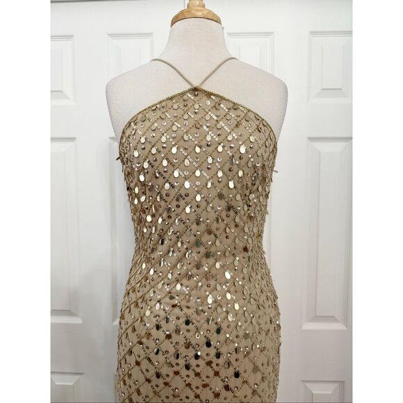 Aidan Mattox Gold Sequin Beaded Embroidered Halter Neck Mermaid Gown Dress 8 - Picture 2 of 8